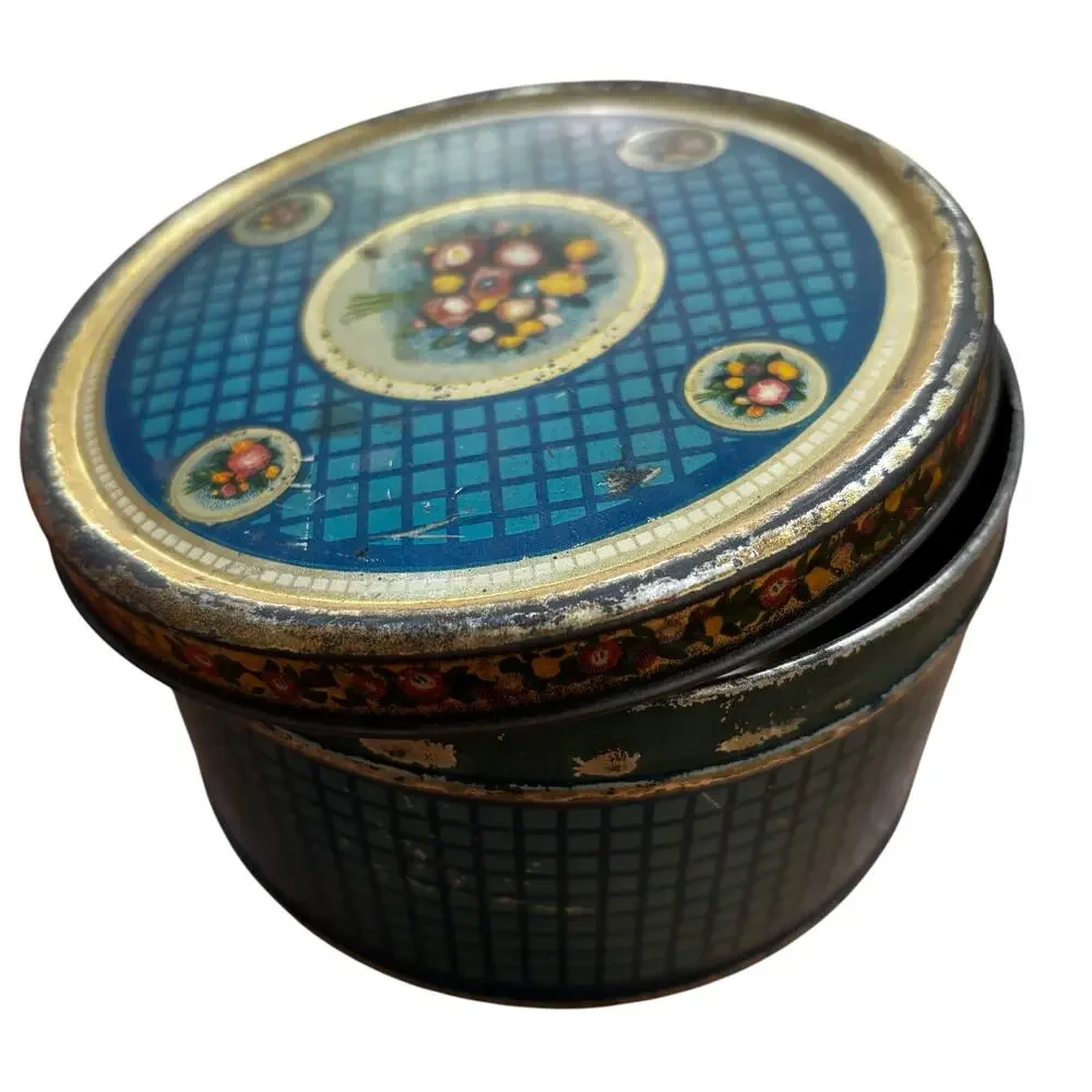 Vintage Blue Ameryl Candy Tin Gold Floral Marinello New York Chicago round